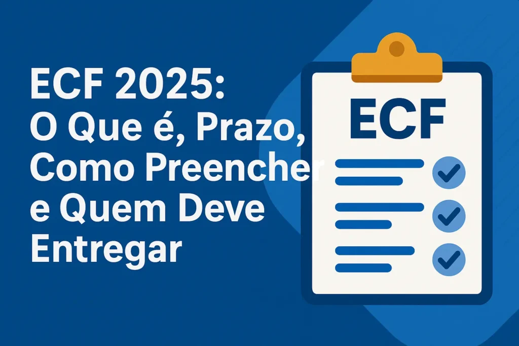 Imagem explicativa com título ECF 2025 e checklist sobre o que é, prazos, como preencher e quem deve entregar a declaração.
