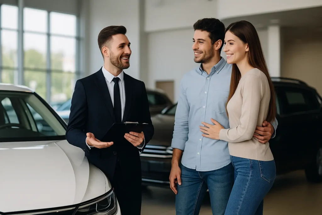 Casal consultando financiamento de veículos com vendedor em concessionária, analisando taxas e condições para compra de carro em 2025.
