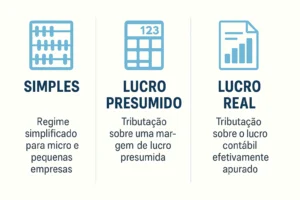 Infográfico comparando os regimes Simples Nacional, Lucro Presumido e Lucro Real com ícones e descrições claras para empresários.