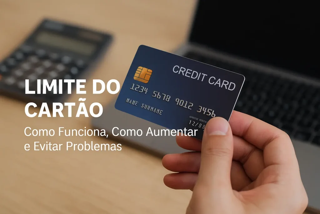 Pessoa segurando cartão de crédito azul em frente a laptop e calculadora, com texto Limite do Cartão: Como Funciona e Evitar Problemas.