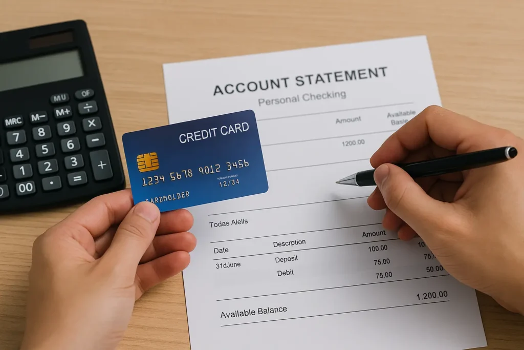 Pessoa segurando cartão de crédito enquanto analisa extrato e usa calculadora para controlar o limite do cartão com responsabilidade.