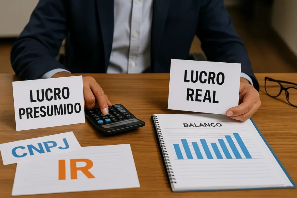 Comparativo entre lucro presumido e lucro real com elementos visuais de impostos e gestão financeira empresarial no Brasil.