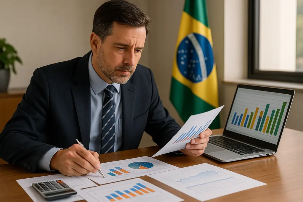 Empresário analisa documentos fiscais e planilhas sobre apuração de PIS e COFINS no regime do Lucro Real 2025.