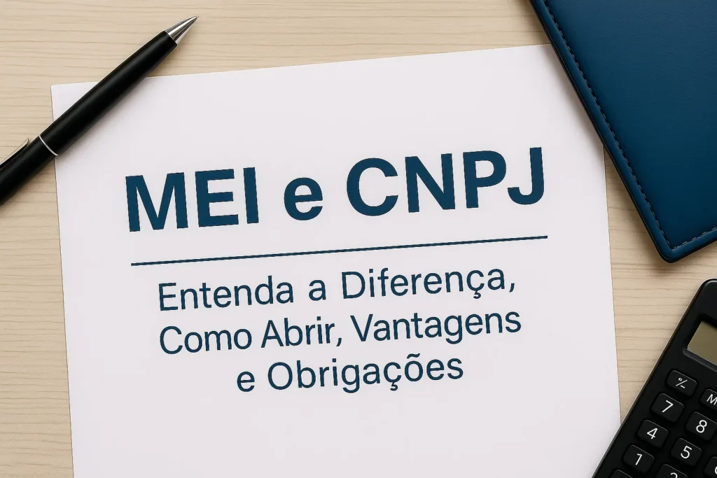 Documento com o título MEI e CNPJ: Entenda a Diferença, Como Abrir, Vantagens e Obrigações sobre mesa com caneta e calculadora.