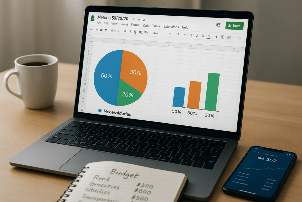 Planilha do Método 50/30/20 em laptop com gráficos e anotações de finanças pessoais em 2025