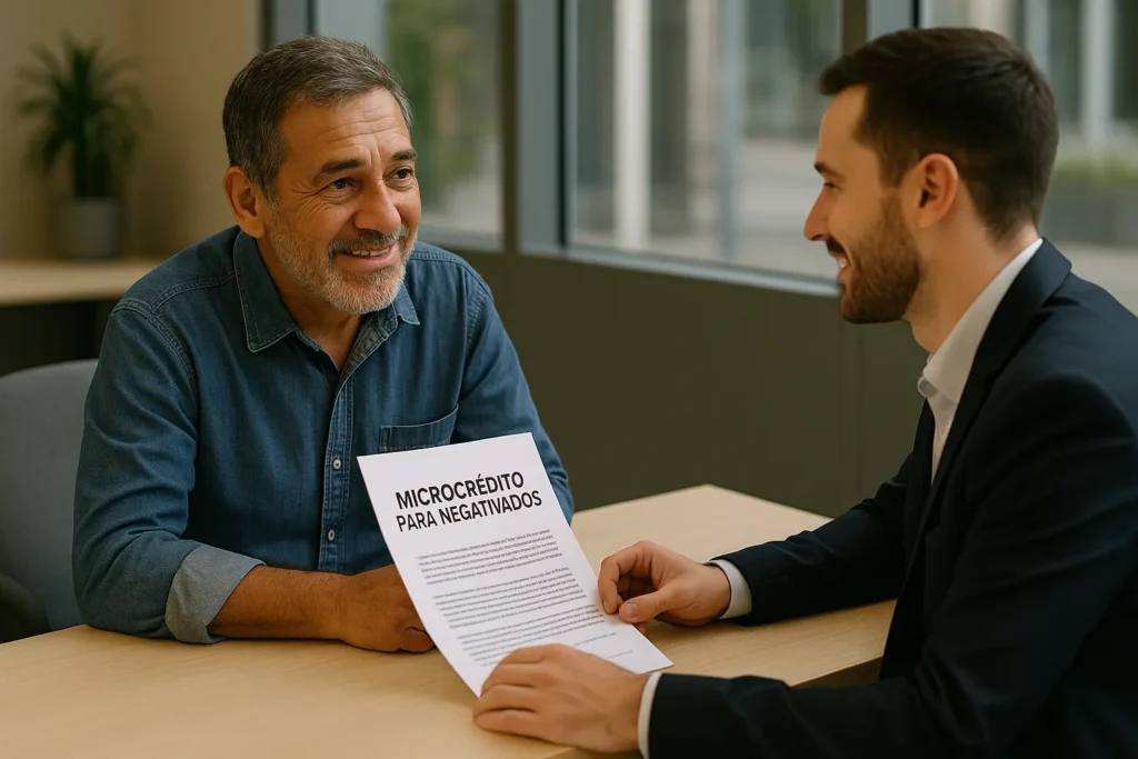 Homem de meia-idade recebe atendimento bancário sobre microcrédito para negativados, representando oportunidade de recomeço.