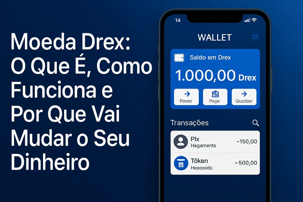 Imagem com o título “Moeda Drex: O Que É, Como Funciona e Por Que Vai Mudar o Seu Dinheiro” ao lado de app de carteira digital.