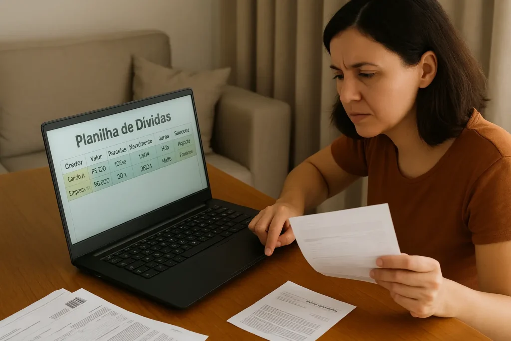 Pessoa usando planilha de dívidas no notebook com boletos e notas de real sobre a mesa.