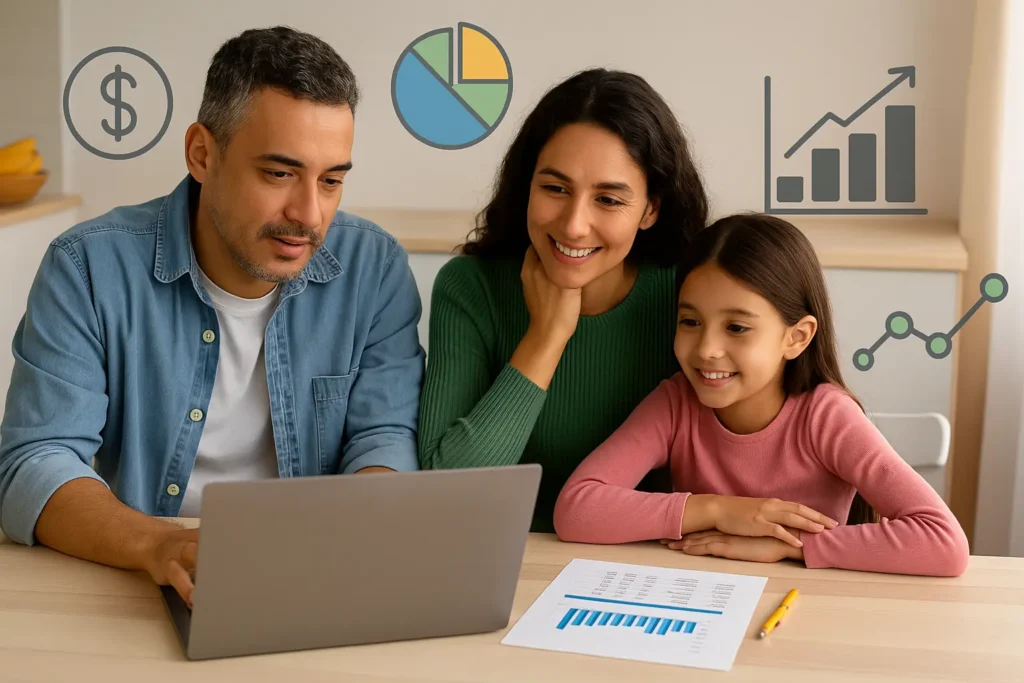 Família brasileira preenchendo planilha de orçamento no notebook para controlar gastos mensais e organizar finanças familiares.