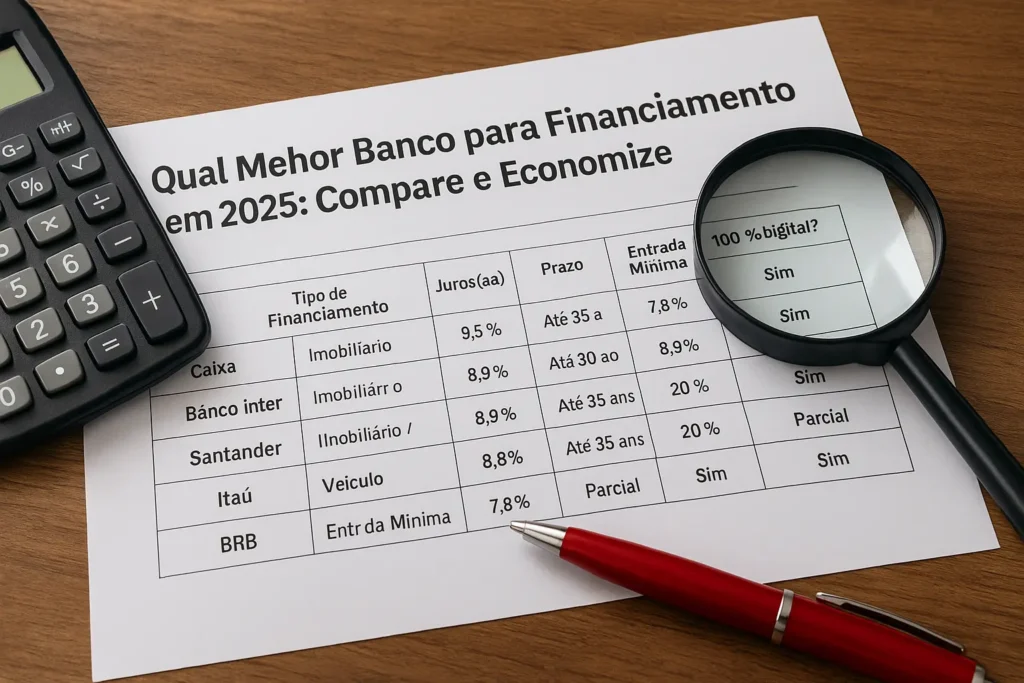 Comparativo de bancos para financiamento em 2025 com tabela de taxas, prazos e entrada mínima, ideal para escolher a melhor opção.