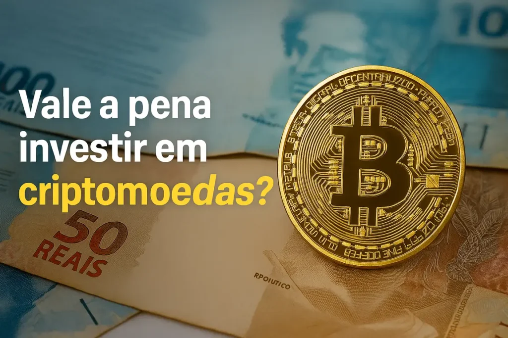 Imagem mostra uma moeda de Bitcoin sobre cédulas de reais, com a frase Vale a pena investir em criptomoedas? em destaque.