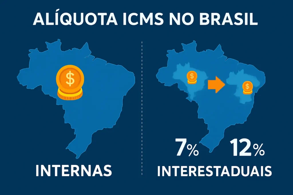 Guia visual sobre a alíquota ICMS no Brasil, ilustrando as diferenças entre as taxas internas e interestaduais.