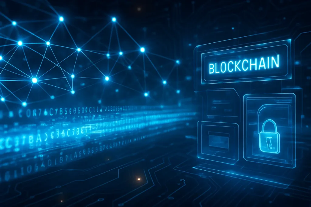 Imagem realista horizontal mostrando tecnologia blockchain com rede segura, dados criptografados e fluxo eficiente.