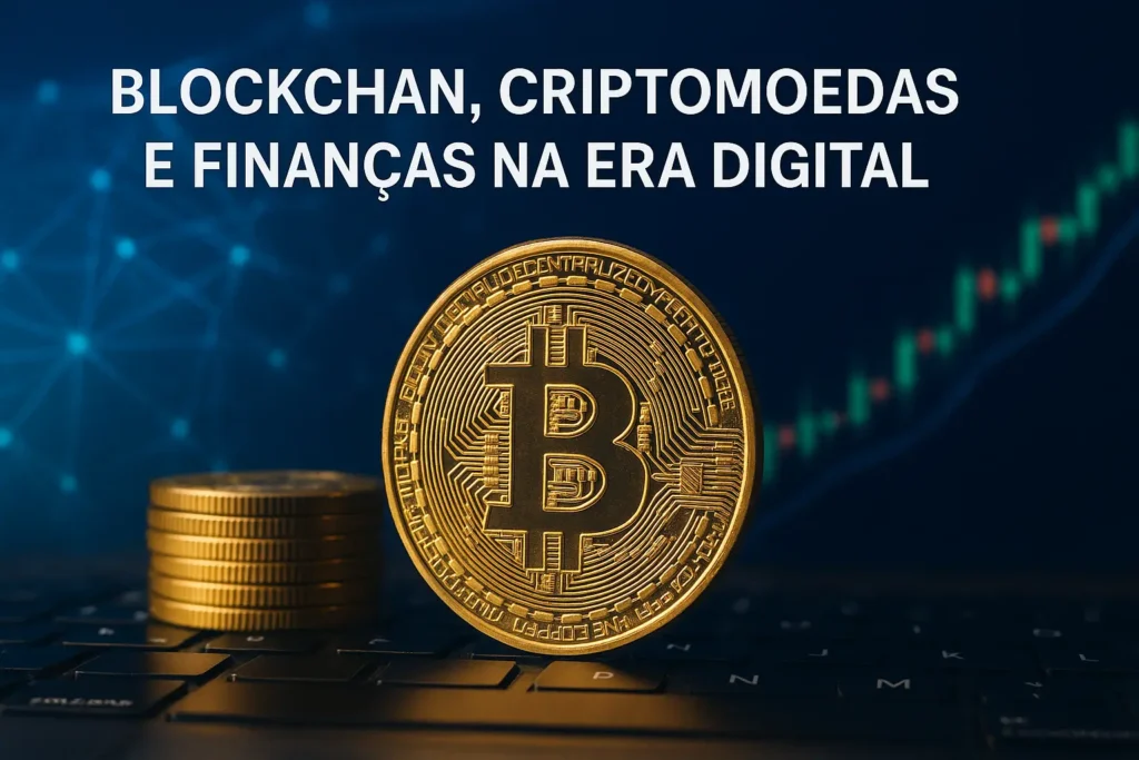 Bitcoin dourado sobre teclado com gráfico digital ao fundo, simbolizando blockchain, criptomoedas e finanças digitais.