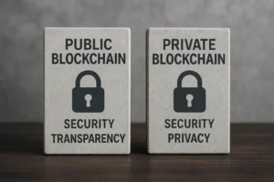 Comparação entre blockchain pública e privada destacando segurança, transparência e privacidade em blocos.