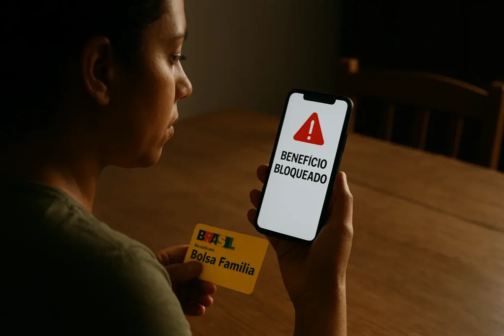 Mulher olhando com preocupação para a tela do celular que exibe a mensagem de Bolsa Família bloqueado.