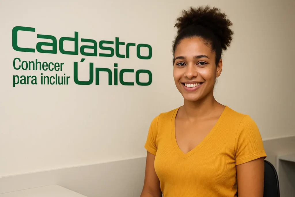 Mulher sorridente em posto de atendimento do Cadastro Único, com logo oficial na parede, simbolizando atualização cadastral.