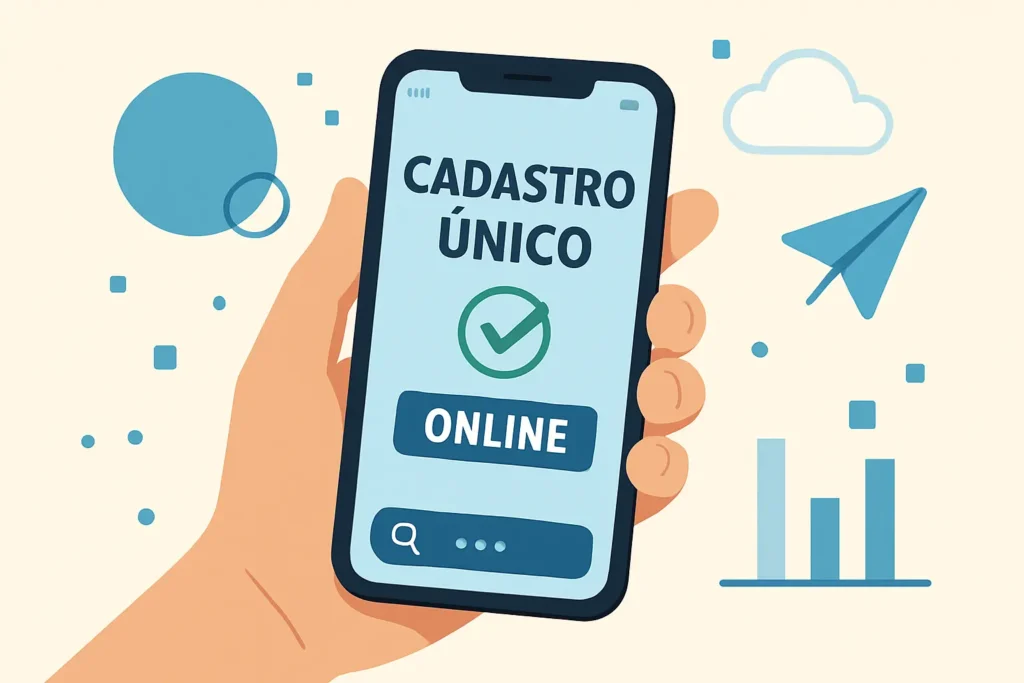 Celular mostrando o app oficial do Cadastro Único para fazer o pré-cadastro online e agilizar a inscrição presencial no CRAS.