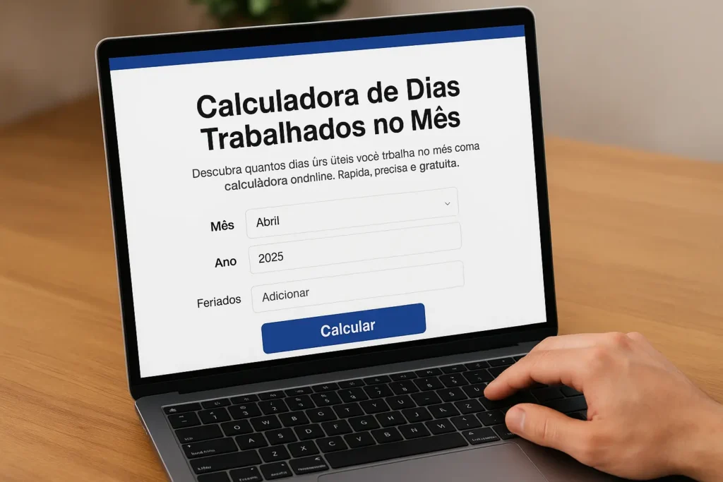 Pessoa usando notebook com calculadora online para calcular dias trabalhados no mês, exibindo mês, ano e campo para feriados.
