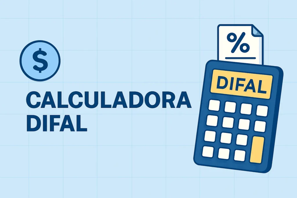 Imagem ilustrativa com o texto Calculadora DIFAL, ícone de cifrão e calculadora com percentual, ideal para cálculo de ICMS interestadual.