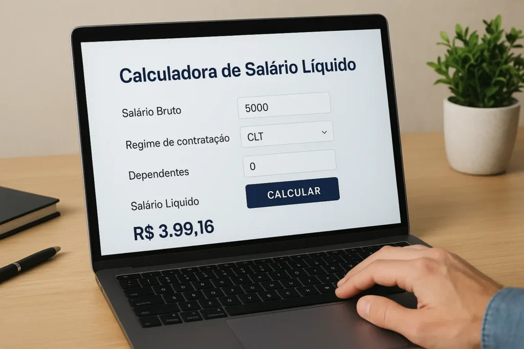 Pessoa usando calculadora de salário líquido no notebook para calcular valor real recebido com descontos de INSS e IRRF em 2025.