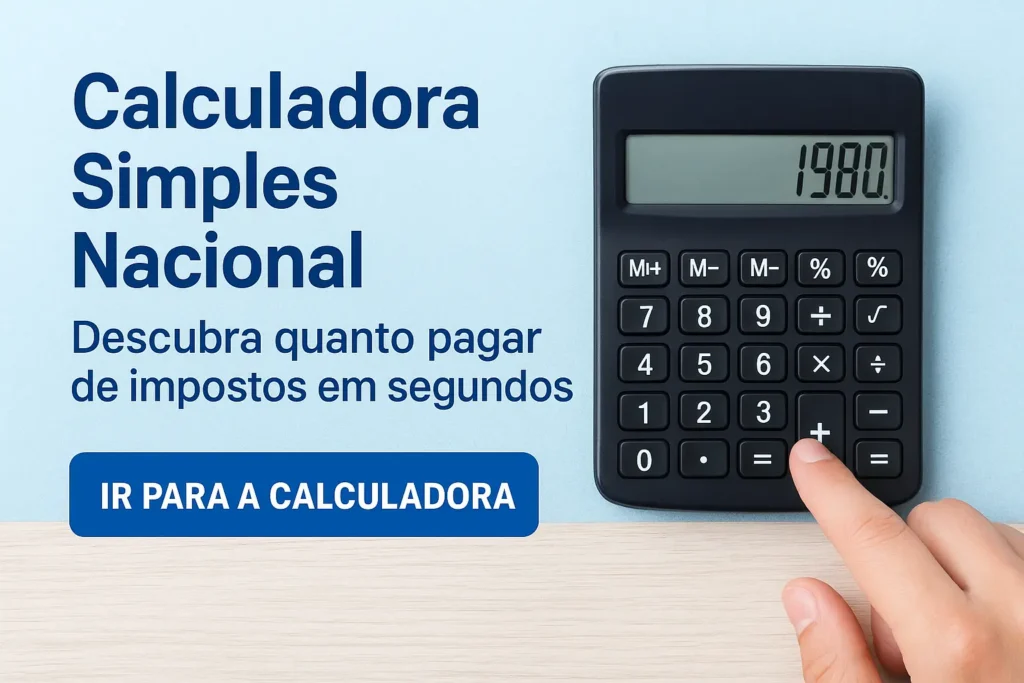 Imagem realista horizontal de calculadora Simples Nacional 2025, com gráficos e tabela de alíquotas para microempresas.