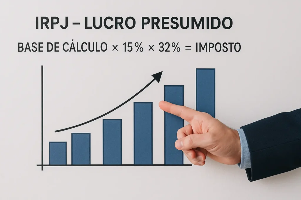 Mão de um especialista apontando para um gráfico com o cálculo do IRPJ no lucro presumido, simplificando a apuração do imposto.