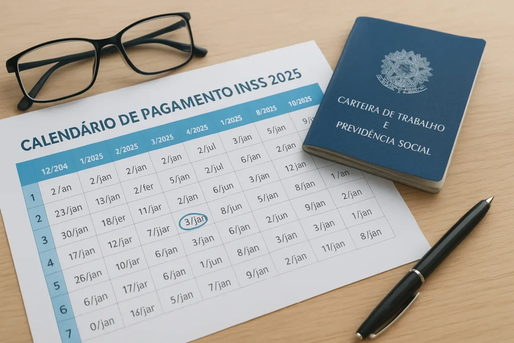 Calendário de pagamento do INSS 2025 sobre uma mesa ao lado de uma Carteira de Trabalho azul.