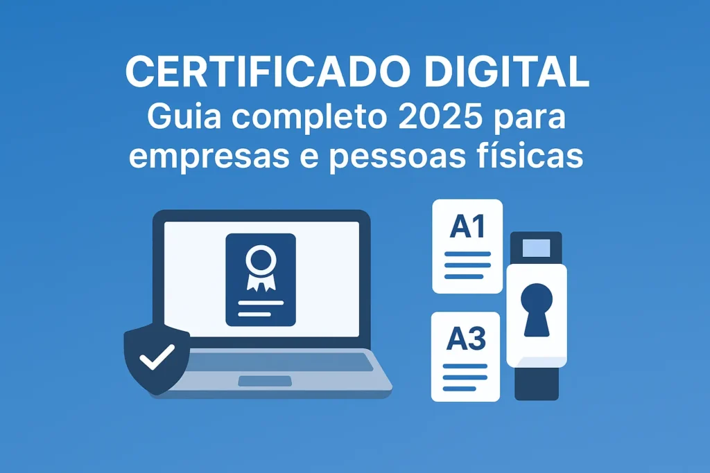 Certificado Digital 2025 para empresas e pessoas físicas com opções A1 e A3, ilustrado em laptop e token de segurança