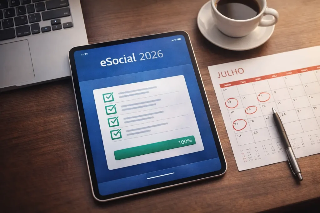 Checklist eSocial exibido em tablet com progresso 100%, calendário com prazos marcados e mesa de escritório organizada.