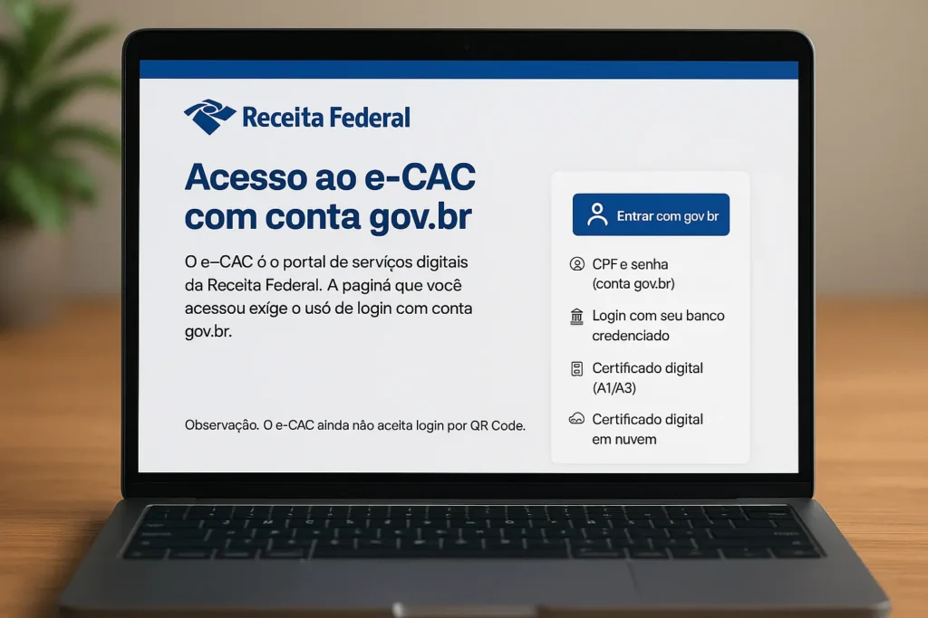 Tela de login do e-CAC da Receita Federal com opções de acesso via conta gov.br, certificado digital e bancos credenciados.