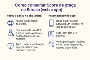 Infográfico passo a passo para consultar Score grátis na Serasa via site e app, com ícones ilustrativos e dicas úteis para usuários.