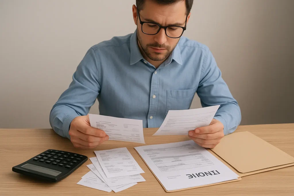 Empreendedor organizando documentos e calculadora na mesa, ilustrando Como Pagar MEI Atrasado de forma correta e regularizada.