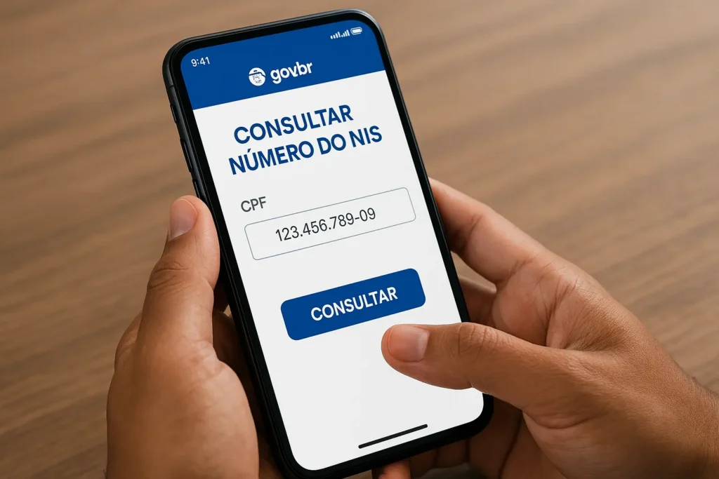 Pessoa usando smartphone para consultar número do NIS pelo CPF no app oficial gov.br, com tela exibindo botão Consultar.