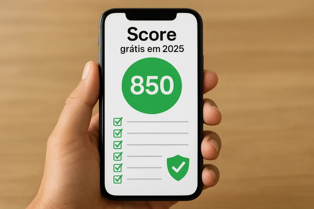 Pessoa segurando celular com tela mostrando Score grátis 2025, pontuação 850, checklist de 10 ações e ícone de segurança.