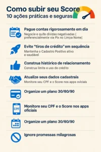Infográfico realista com 10 ações práticas para subir o Score, incluindo pagar contas em dia, quitar dívidas e manter cadastro positivo.