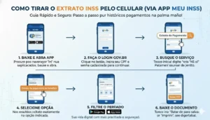 Infográfico: extrato INSS via app Meu INSS no celular. Guia passo a passo para acessar pagamentos.