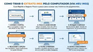 Infográfico: extrato INSS via site Meu INSS no computador. Guia passo a passo para acessar pagamentos.
