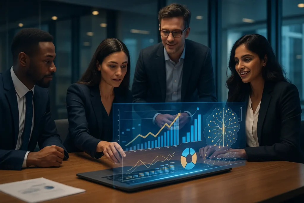 Profissionais usando interface holográfica para mostrar na prática como usar a inteligência artificial nos negócios.