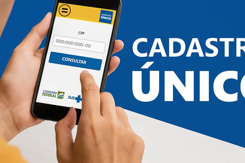 Pessoa consultando o Cadastro Único pelo CPF em um celular, usando o aplicativo oficial do governo para verificar seus dados.