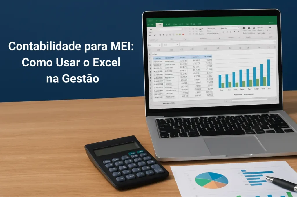 Mesa de escritório com laptop aberto exibindo planilha no Excel para controle financeiro de MEI, café e documentos ao lado