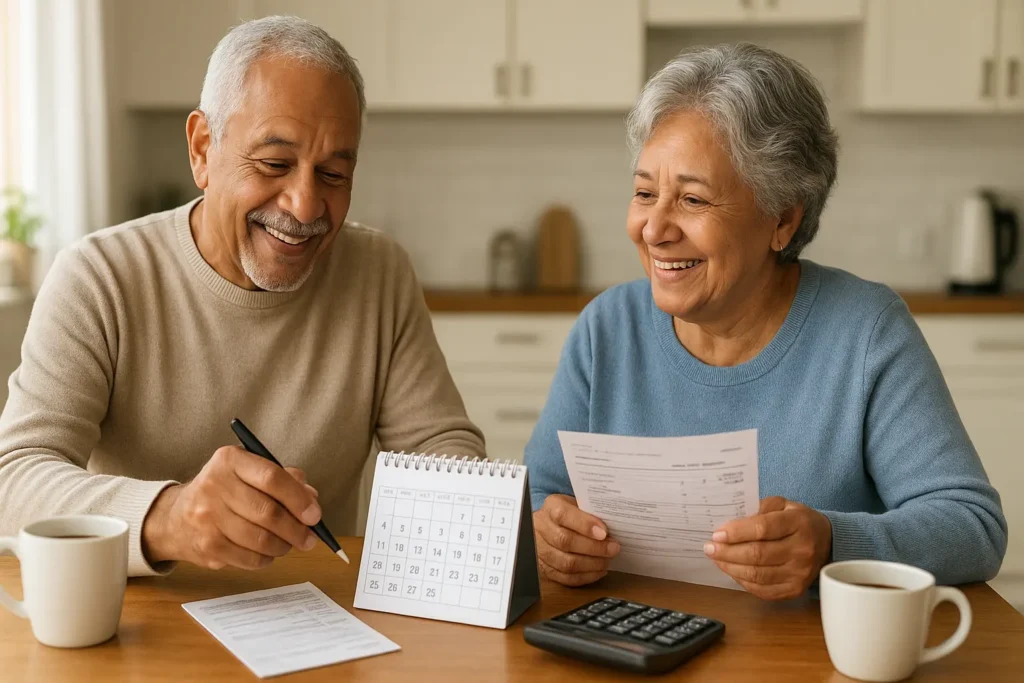 Casal de idosos brasileiros sorrindo à mesa com calendário, boleto e café, planejando o décimo terceiro do INSS.