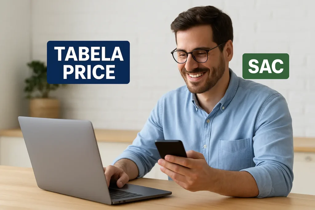 Homem sorrindo usando notebook e celular para comparar financiamento de veículos entre Tabela Price e SAC.