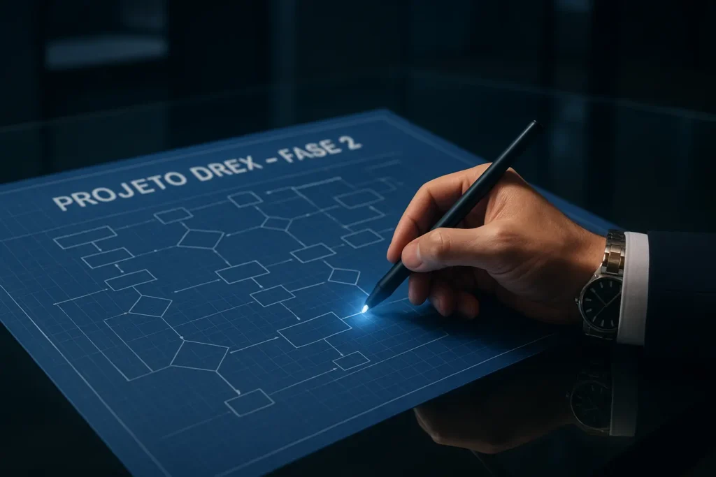 Mão de um especialista redesenhando o blueprint do projeto Drex, simbolizando o atraso e a mudança de planos do Banco Central.