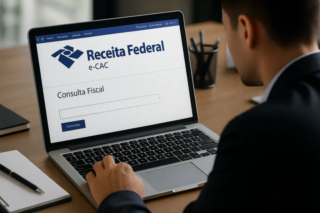 Pessoa em um escritório acessando o portal e-CAC da Receita Federal em um notebook para fazer uma consulta fiscal.