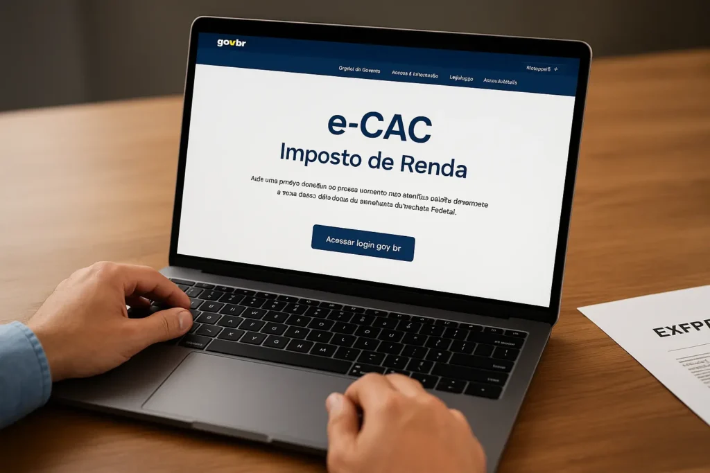 Pessoa acessando o portal e-CAC para Imposto de Renda no notebook, em mesa de madeira, com interface gov.br visível.