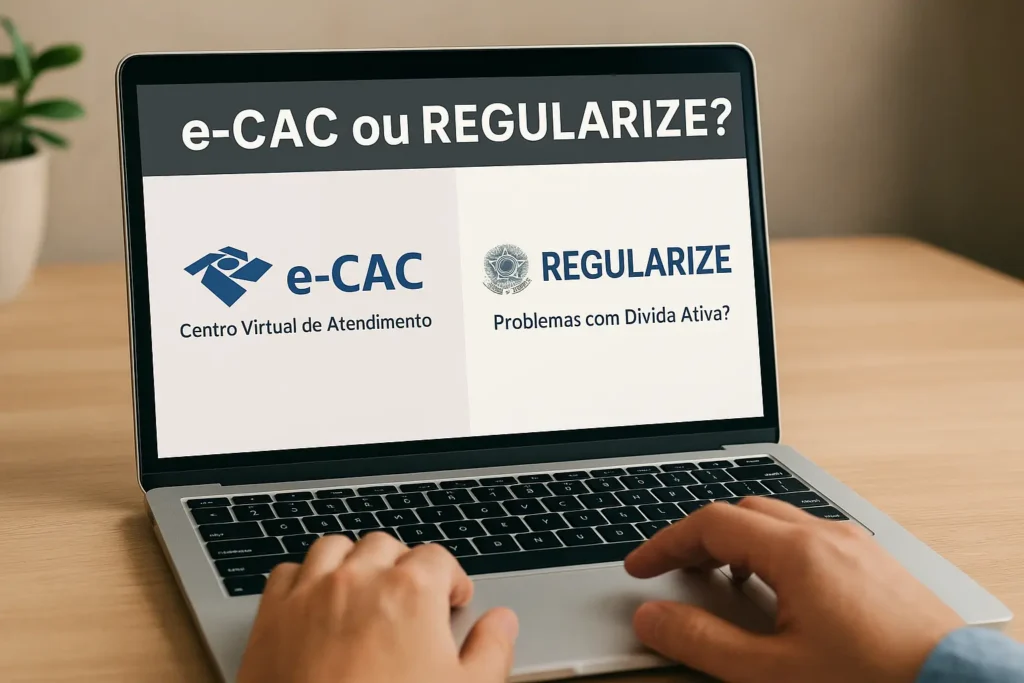Pessoa acessando no notebook os portais e-CAC e REGULARIZE para consultar pendências fiscais e negociar dívidas online.