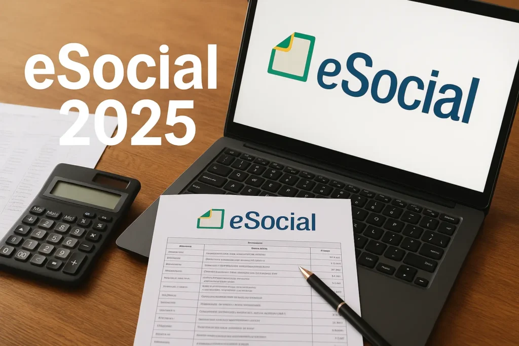 Mesa de trabalho com laptop exibindo logo do eSocial 2025, calculadora, planilha impressa e caneta para gestão trabalhista.