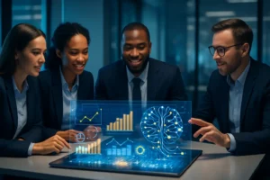 Profissionais usam holograma com gráficos e IA em reunião moderna, ilustrando exemplos de inteligência artificial nas empresas.
