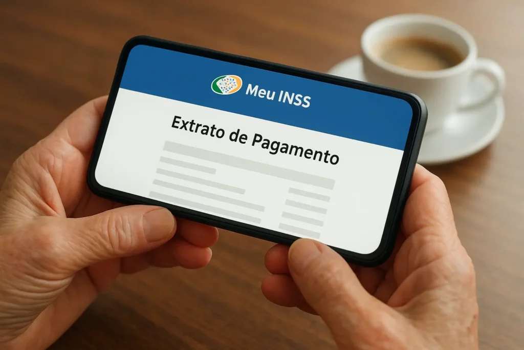 Mãos idosas segurando celular com tela exibindo o app Meu INSS mostrando o extrato Meu INSS em destaque.